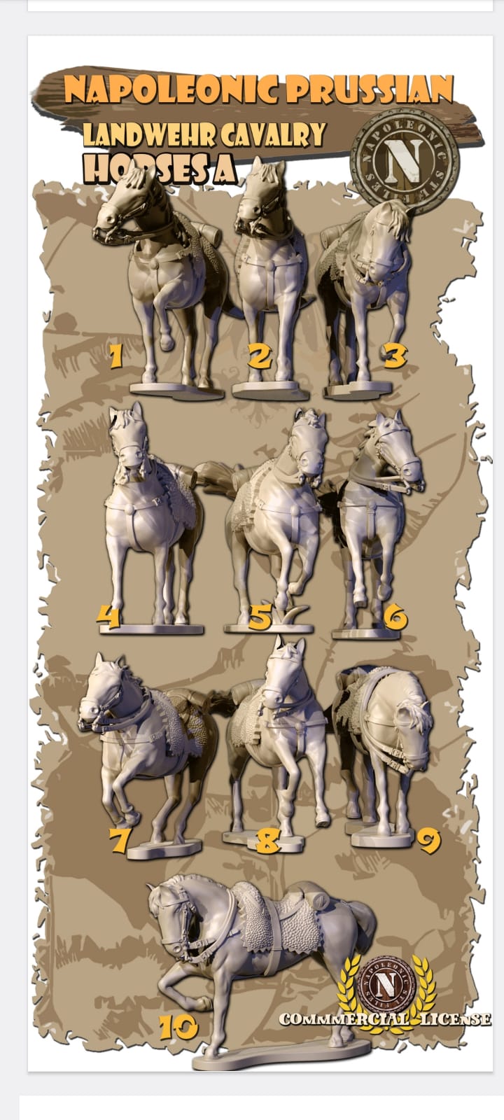 NAPOLEONIC STL FILES LANDWEHR HORSES Solo cavalli 28mm