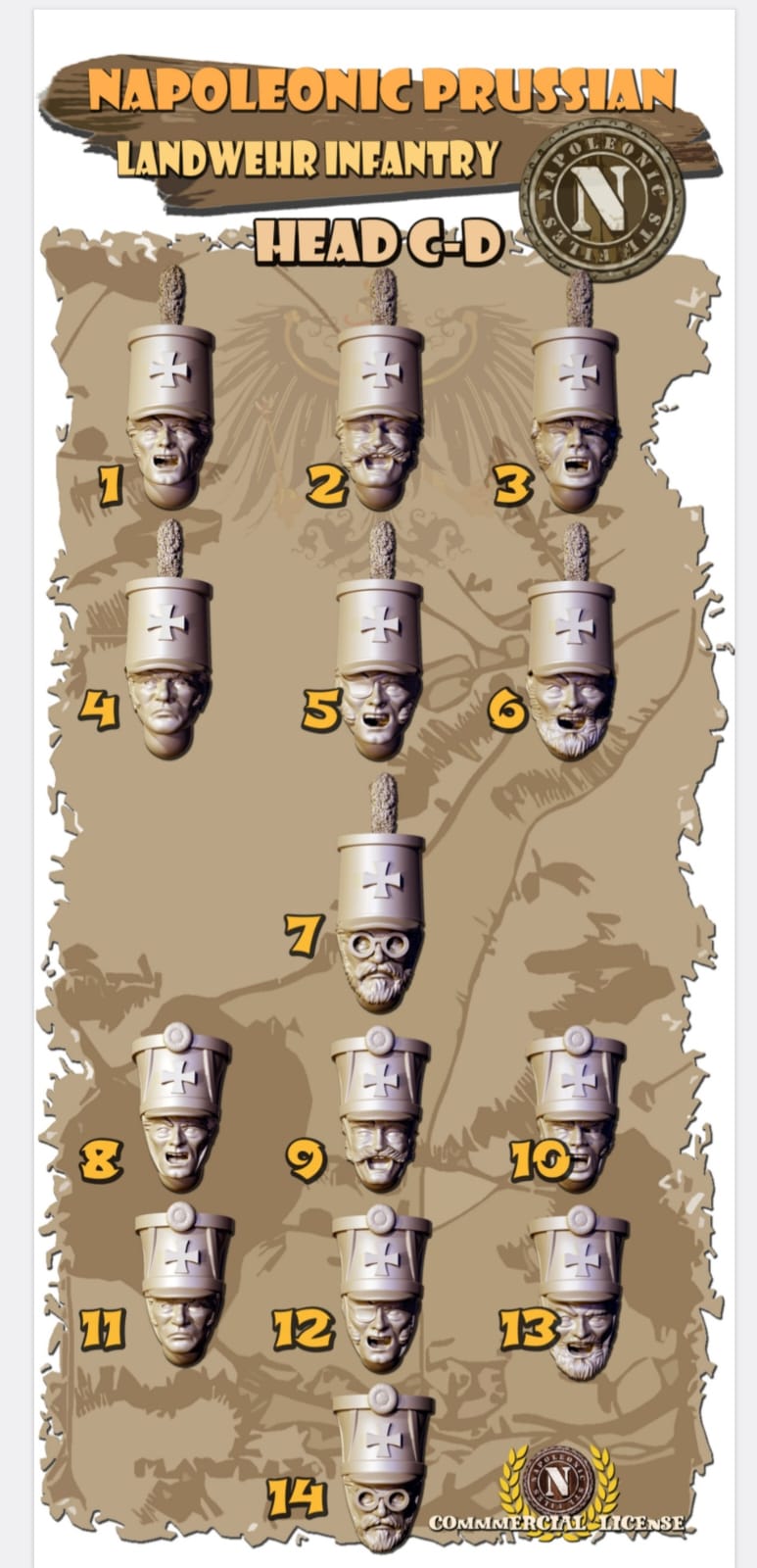 NAPOLEONIC STL FILES LANDWEHR INFANTRY HEADS C - D 28mm TESTE DA ABBINARE