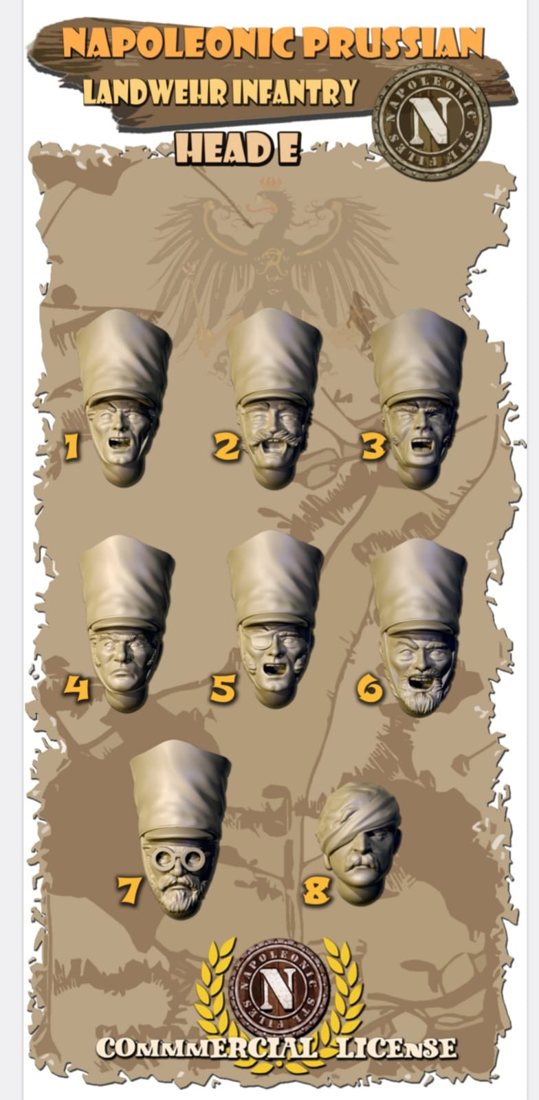 NAPOLEONIC STL FILES LANDWEHR INFANTRY HEADS E 28mm TESTE DA ABBINARE
